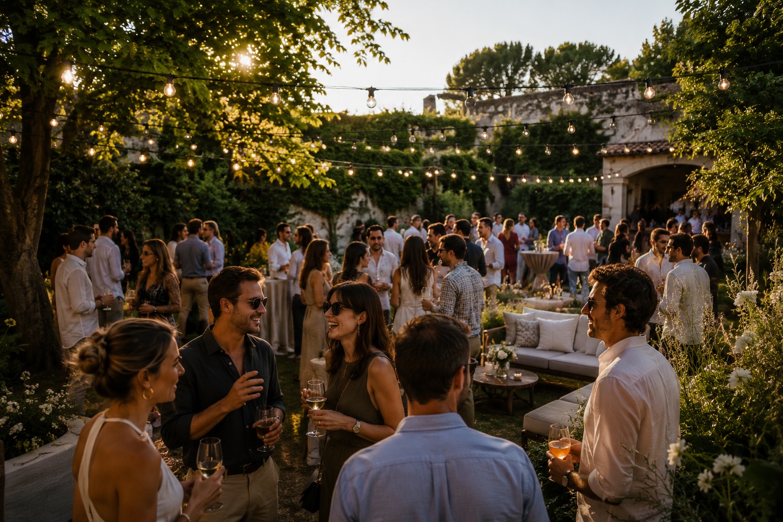 Réception d’entreprise dans un jardin, à l’heure dorée