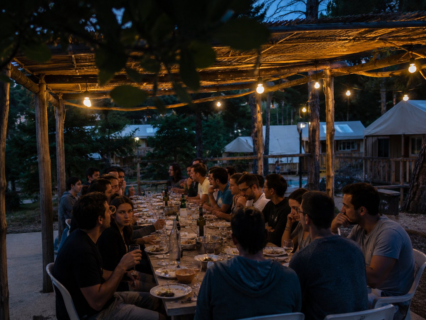 Dîner de séminaire à la grande table, sous une pergola et ses guirlandes, à la tombée du jour