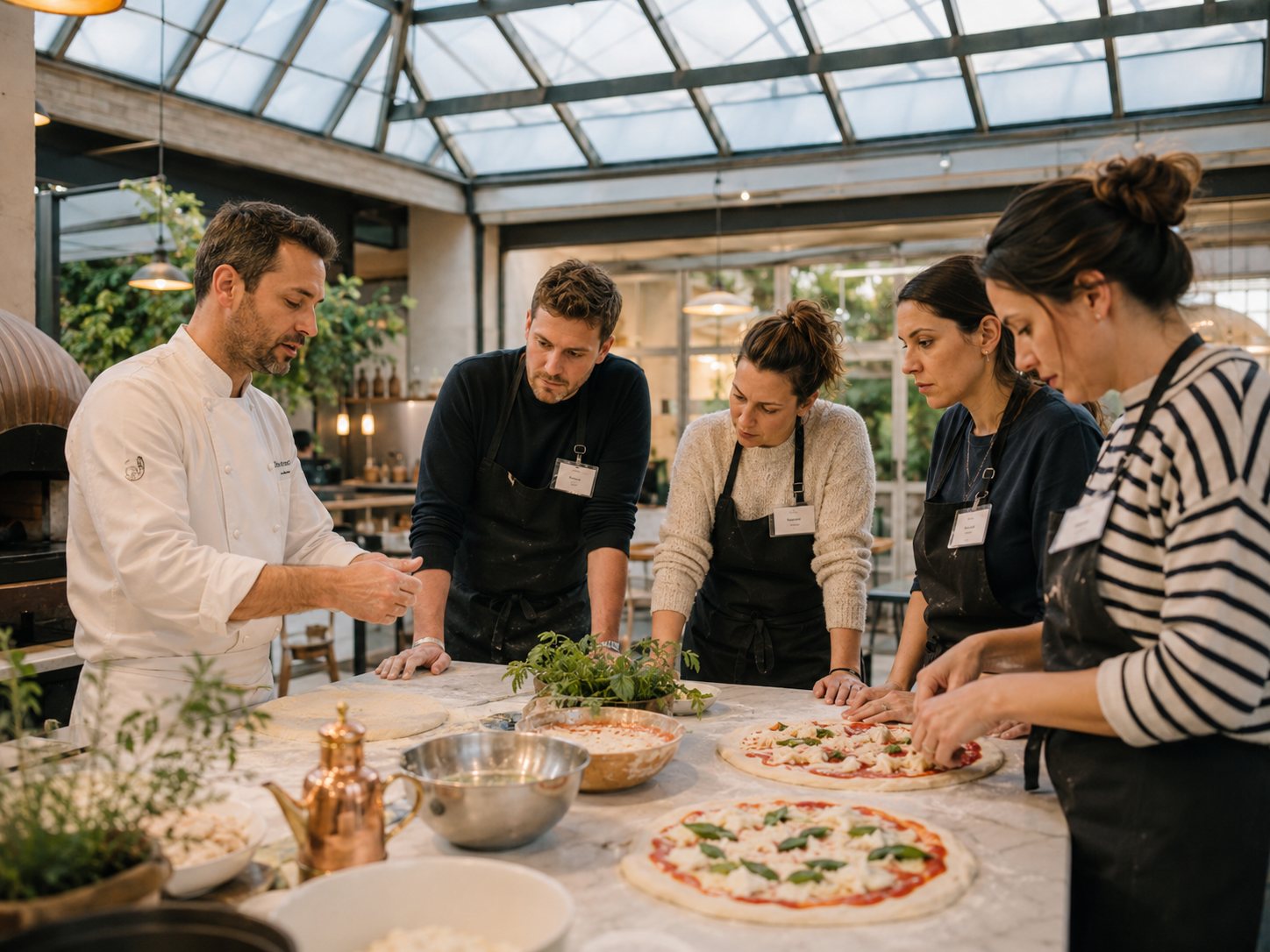 Atelier culinaire en équipe sous la verrière, autour du chef