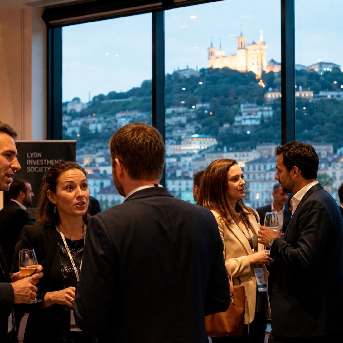 Cocktail d’entreprise à Lyon, baie vitrée ouverte sur la colline de Fourvière