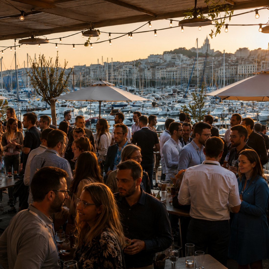 Soirée d’entreprise en terrasse sur le Vieux-Port de Marseille, au coucher du soleil