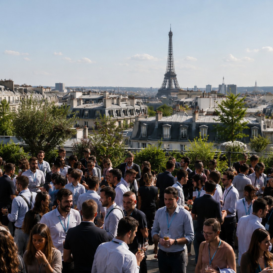 Cocktail d’entreprise sur un toit-terrasse parisien, face à la tour Eiffel